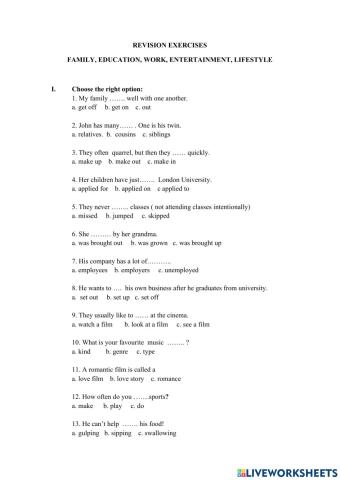 Revision exercise on Family, Education, Work, Entertainment, Lifestyle.