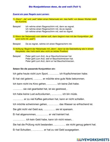 Konjunktionen denn, da, weil, Teil 1