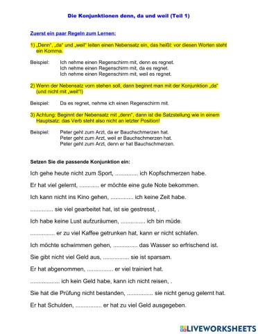 Konjunktionen denn, da, weil, Teil 1