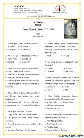 2nd Senior History Queen Elizabeth I TEST