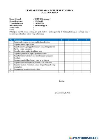 Lembar penilaian diri siswa