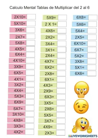 Repaso Caculo Mental Tablas de Multiplicar 2 al 6