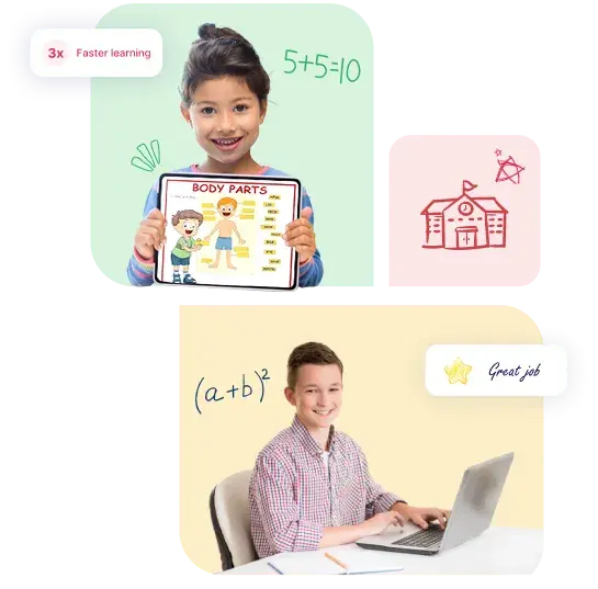 School students engaged in online learning with interactive worksheets on tablets and laptops