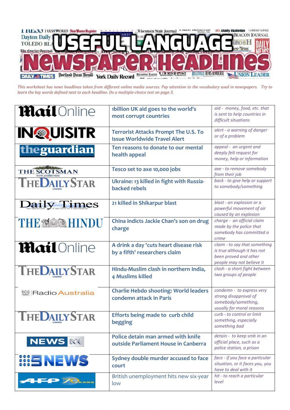 NEWSPAPER HEADLINES - Useful Language