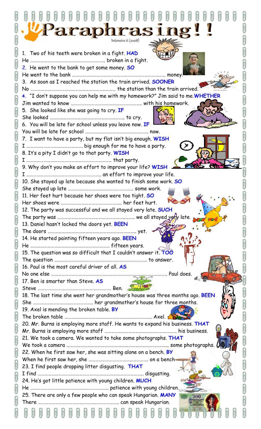 worksheets on paraphrasing with answers