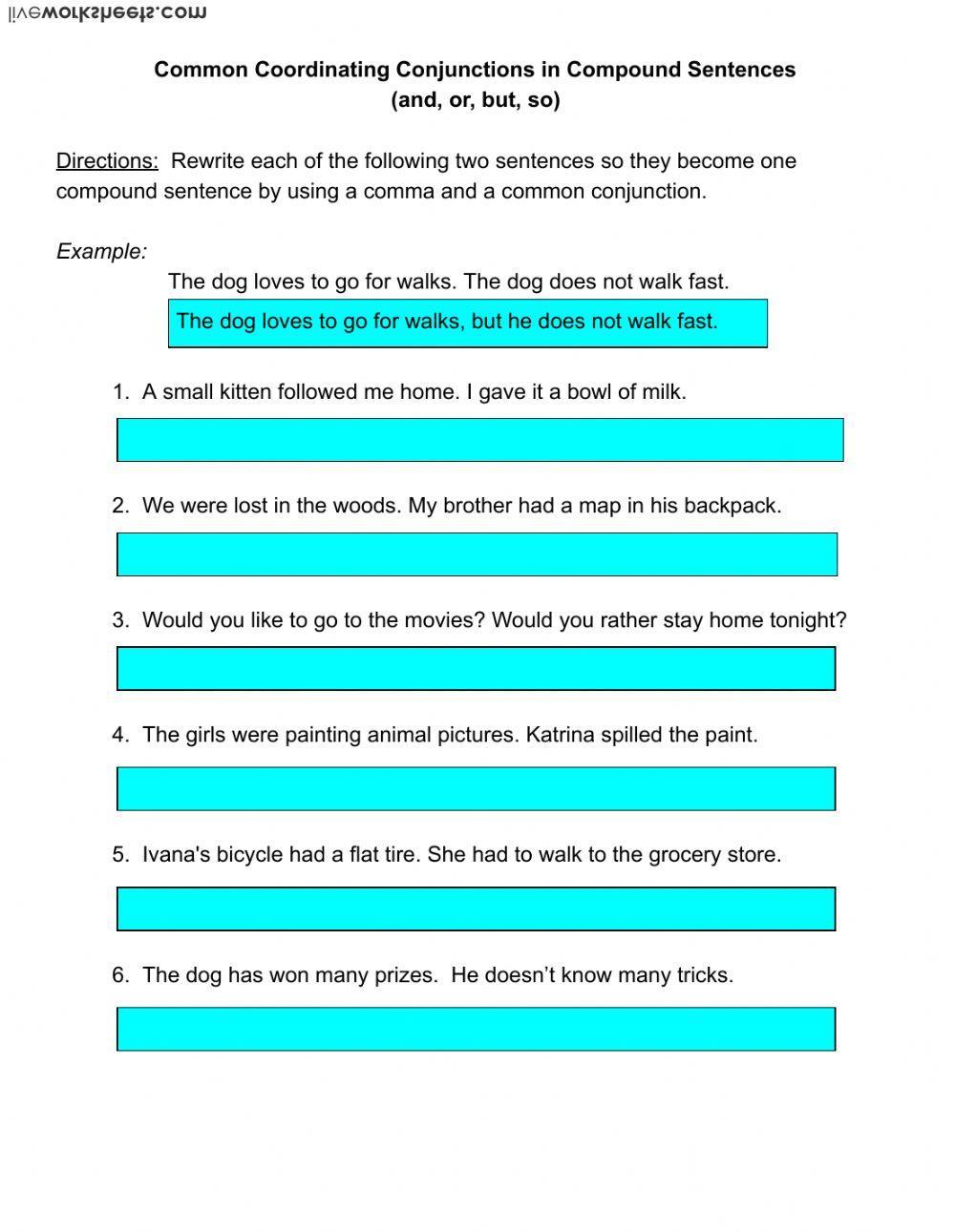 Combine the two sentences into one. Compound sentence conjunctions. conjunctions in compound sentences. co-ordinate conjunctions.. coordinating conjunctions.