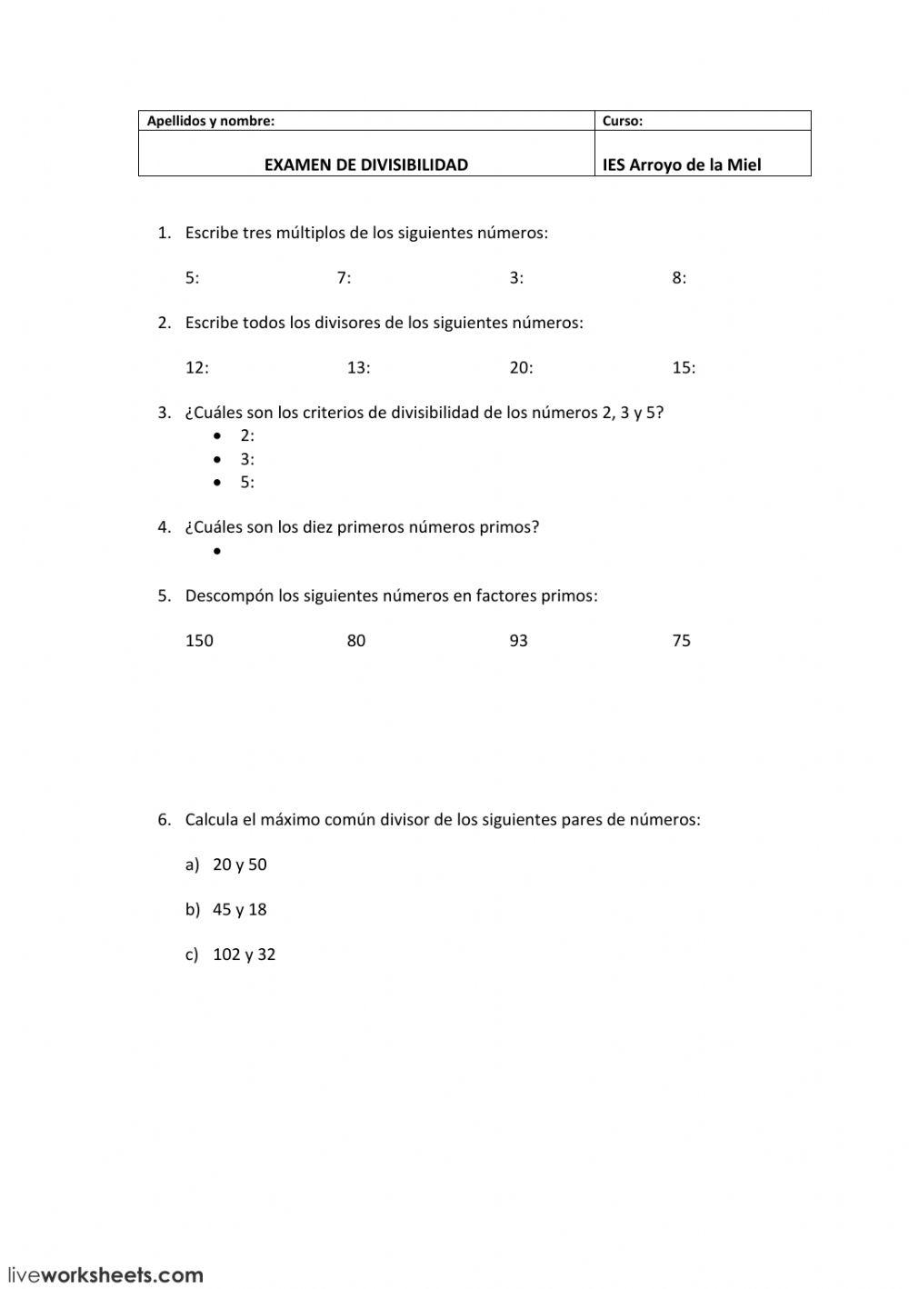Examen tema 2: divisibilidad 