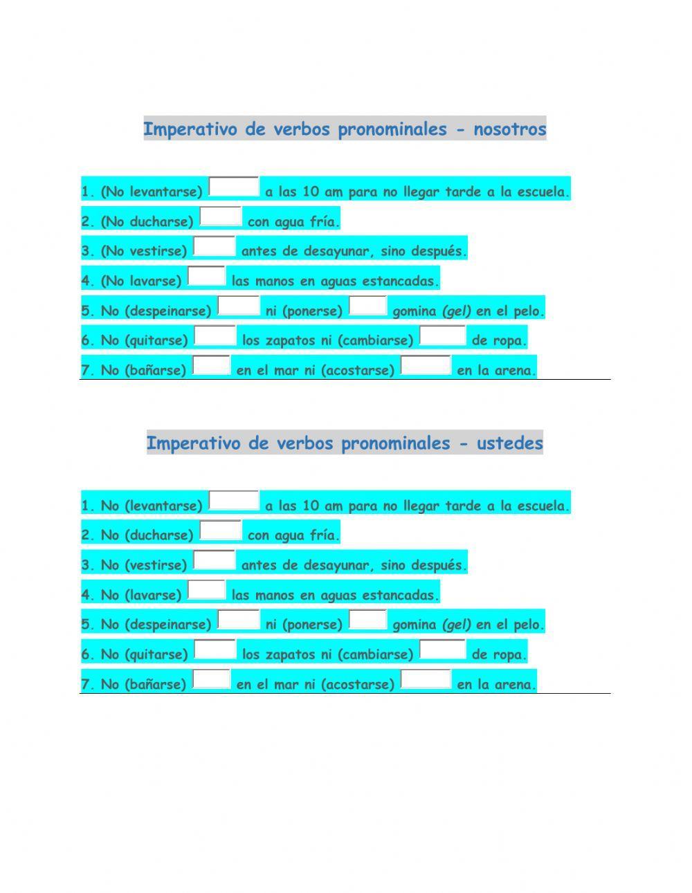 Imperativo Negativo - Verbos pronominales – tú-usted-nosotros-vosotros-ustedes