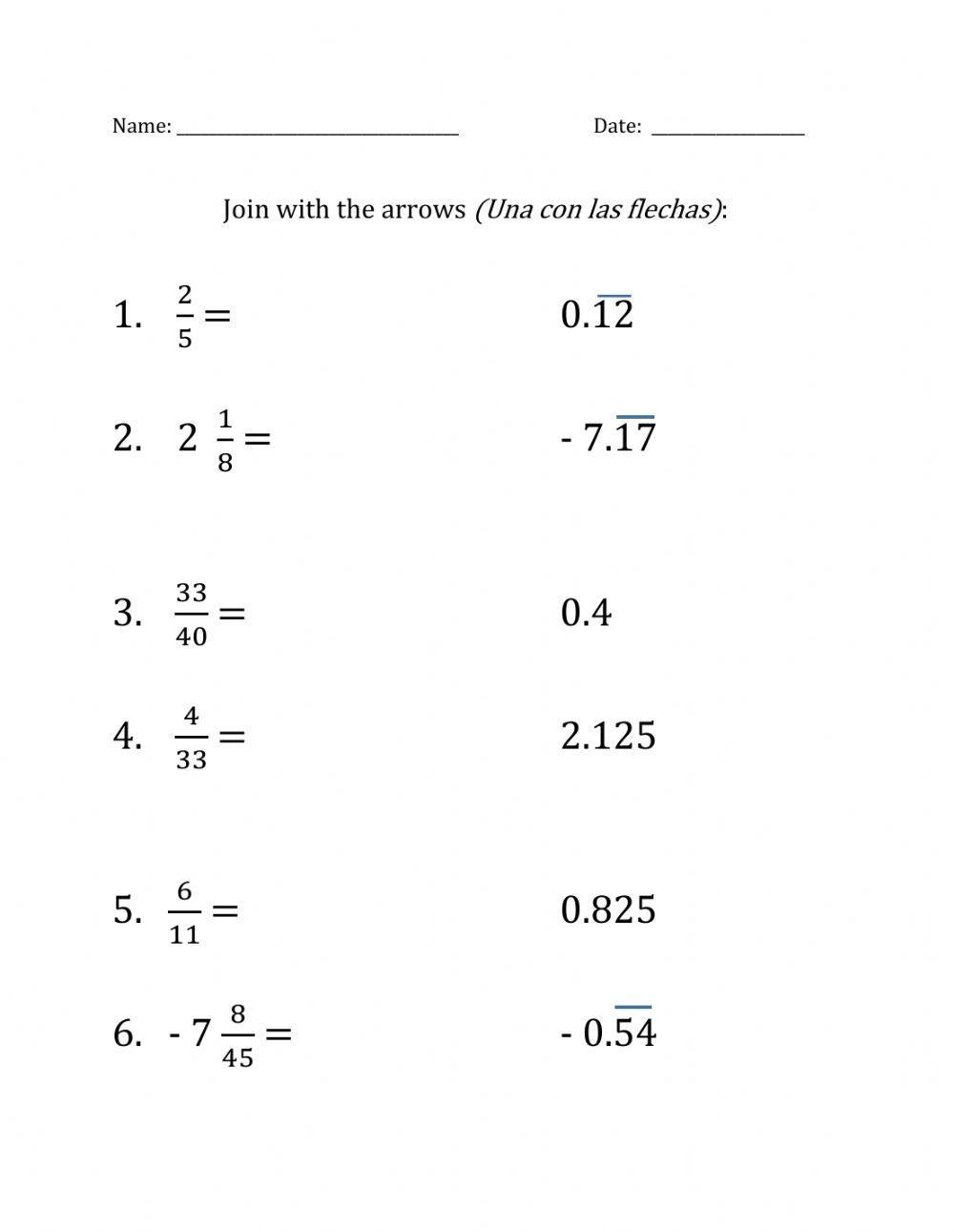 Fractions to decimals 1