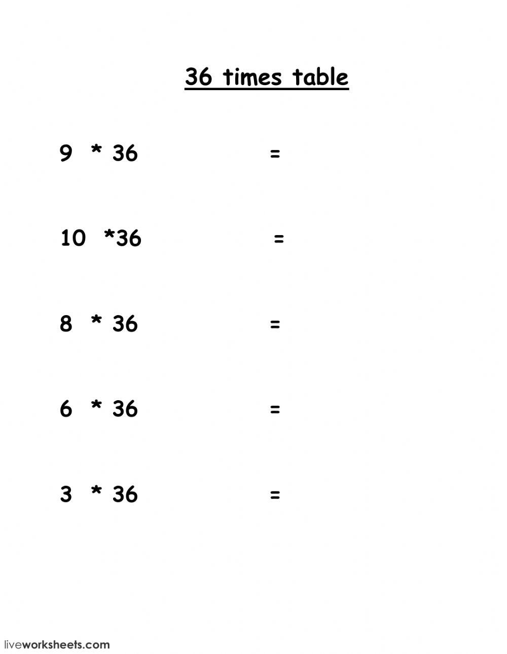 36 times table worksheet | Live Worksheets