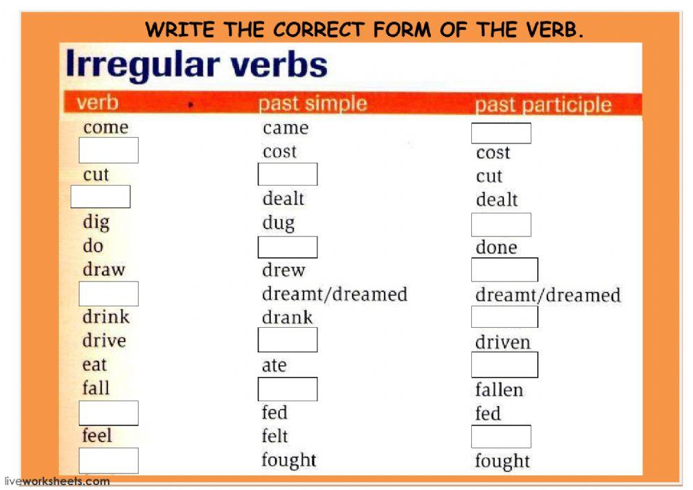 COMPLETE PET IRREGULAR PAST SIMPLE AND PAST PARTICIPLE VERB FORMS