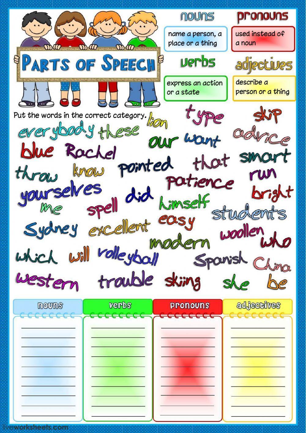 Parts of speech - nouns, pronouns, verbs, adjectives
