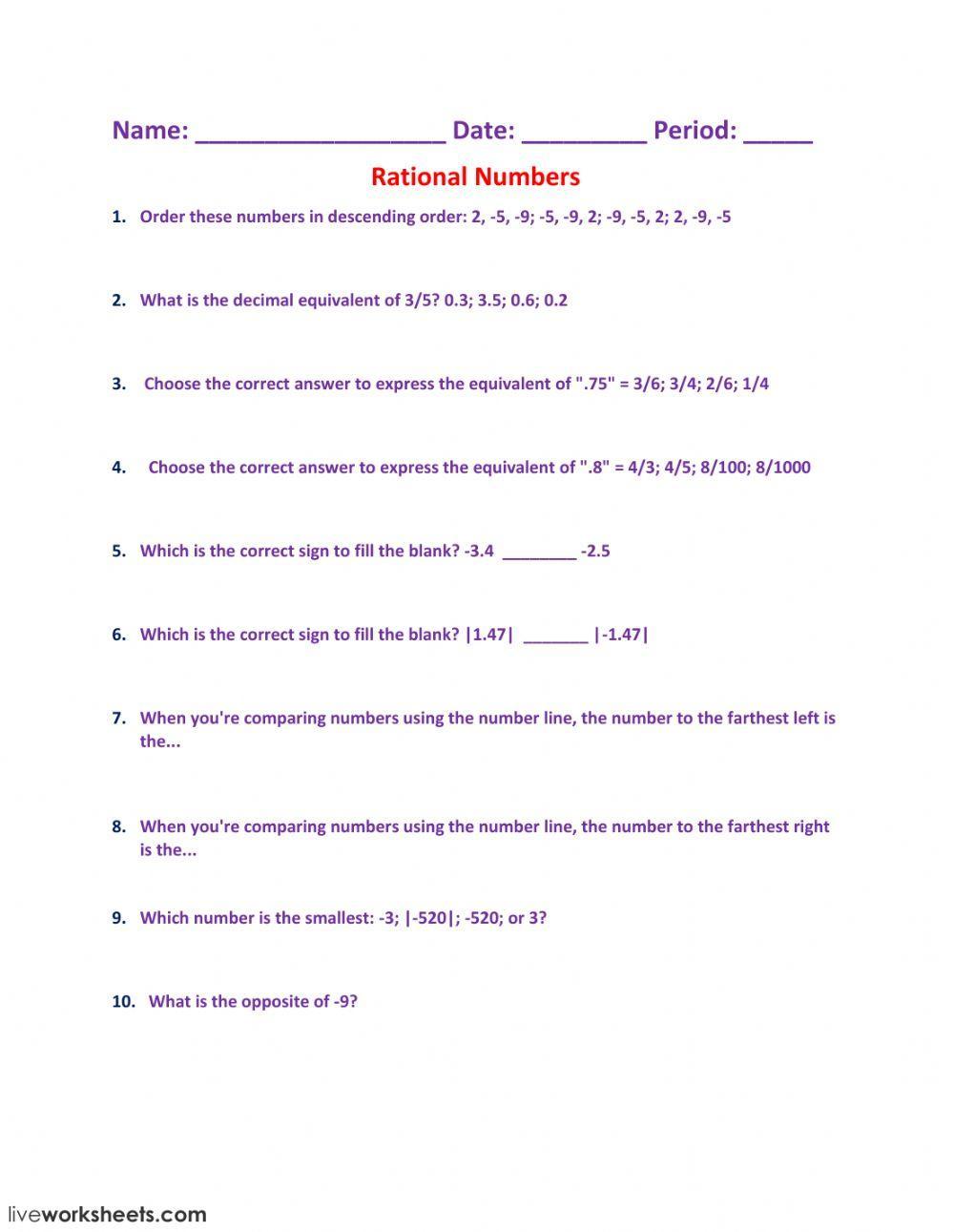Free Worksheets On Rational Numbers For Grade 7