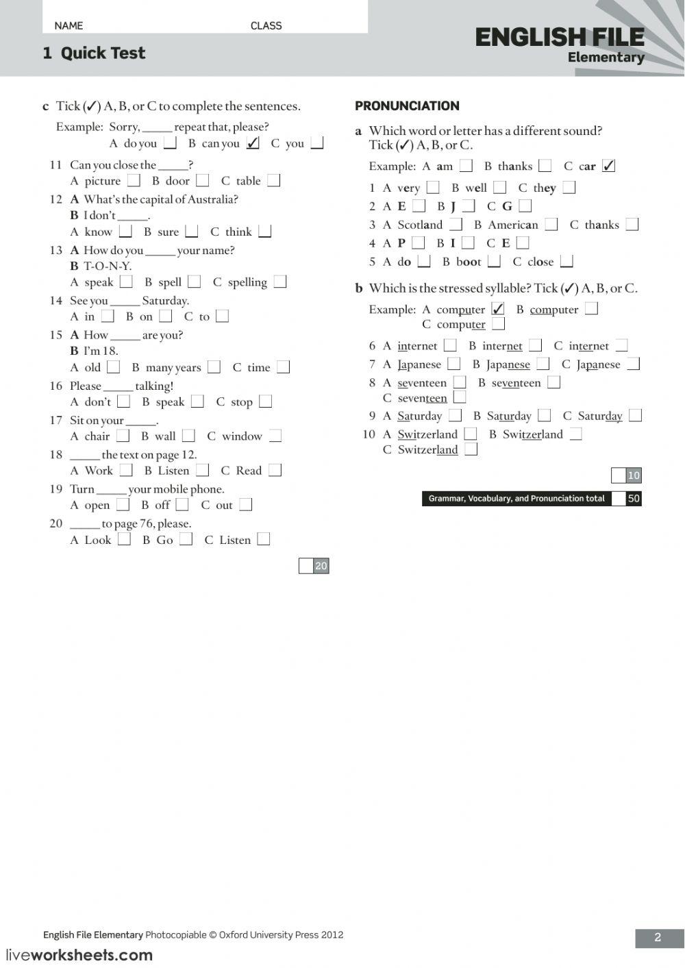 QUICK TEST 1 EF ELEMENTARY