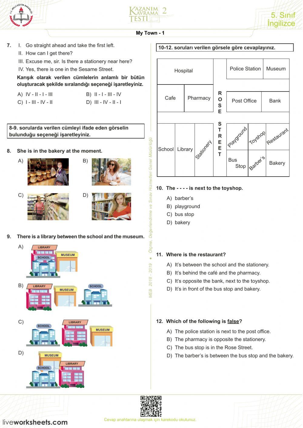 5. Sınıf My Town Ünite 2 Kazanım Testi