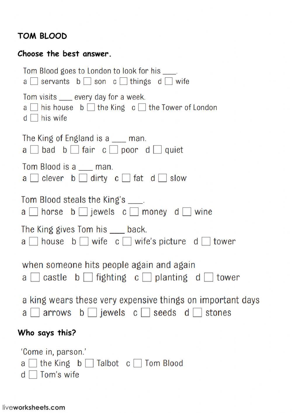 Tom blood - reading comprehension
