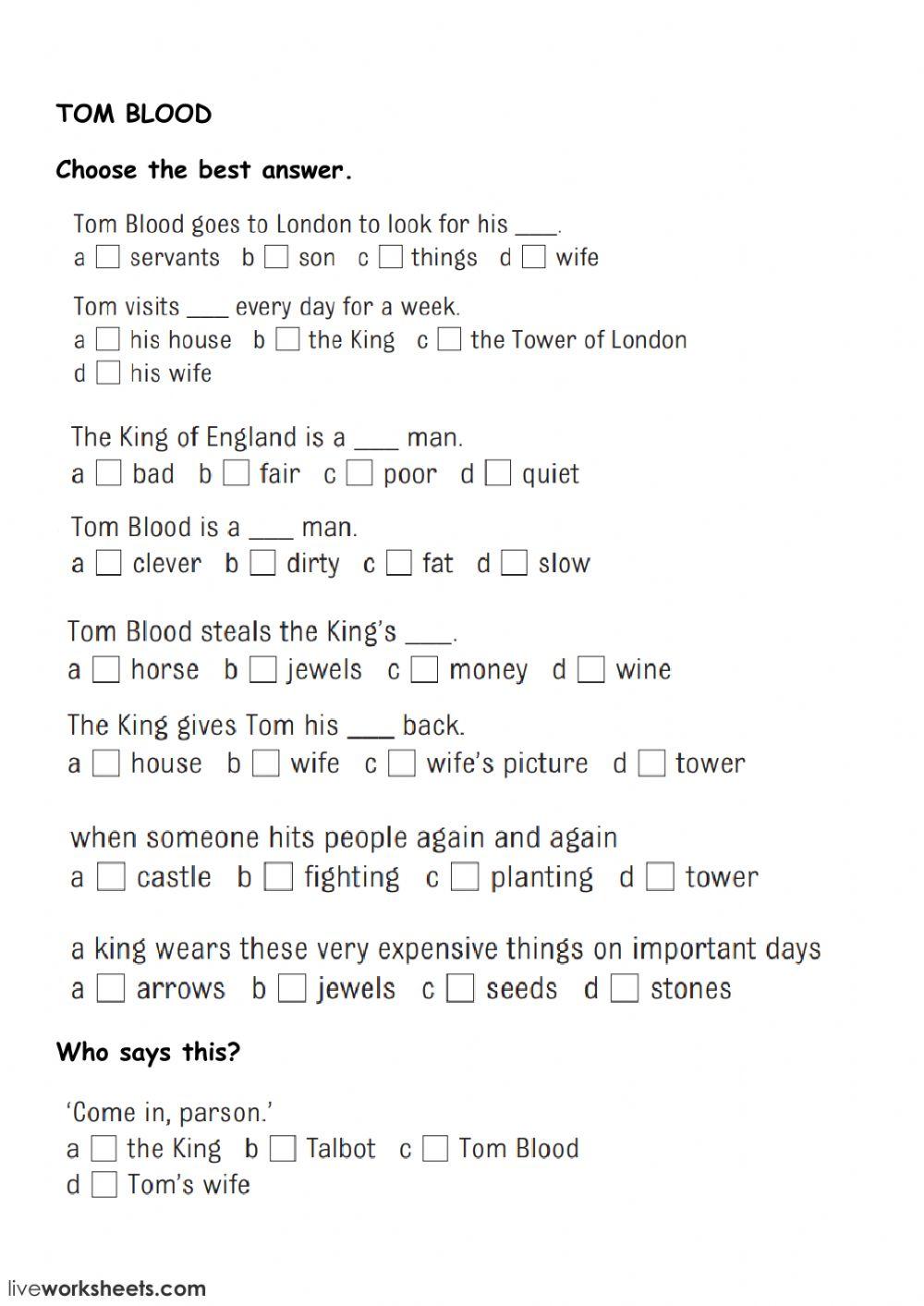 Tom blood - reading comprehension Tom blood - reading comprehension