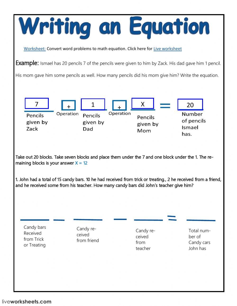 Writing an Equation worksheet | Live Worksheets