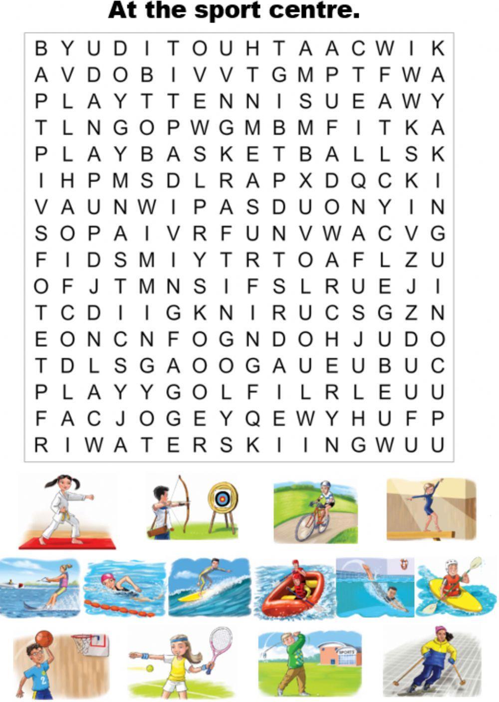 At the sport centre. Wordsearch.