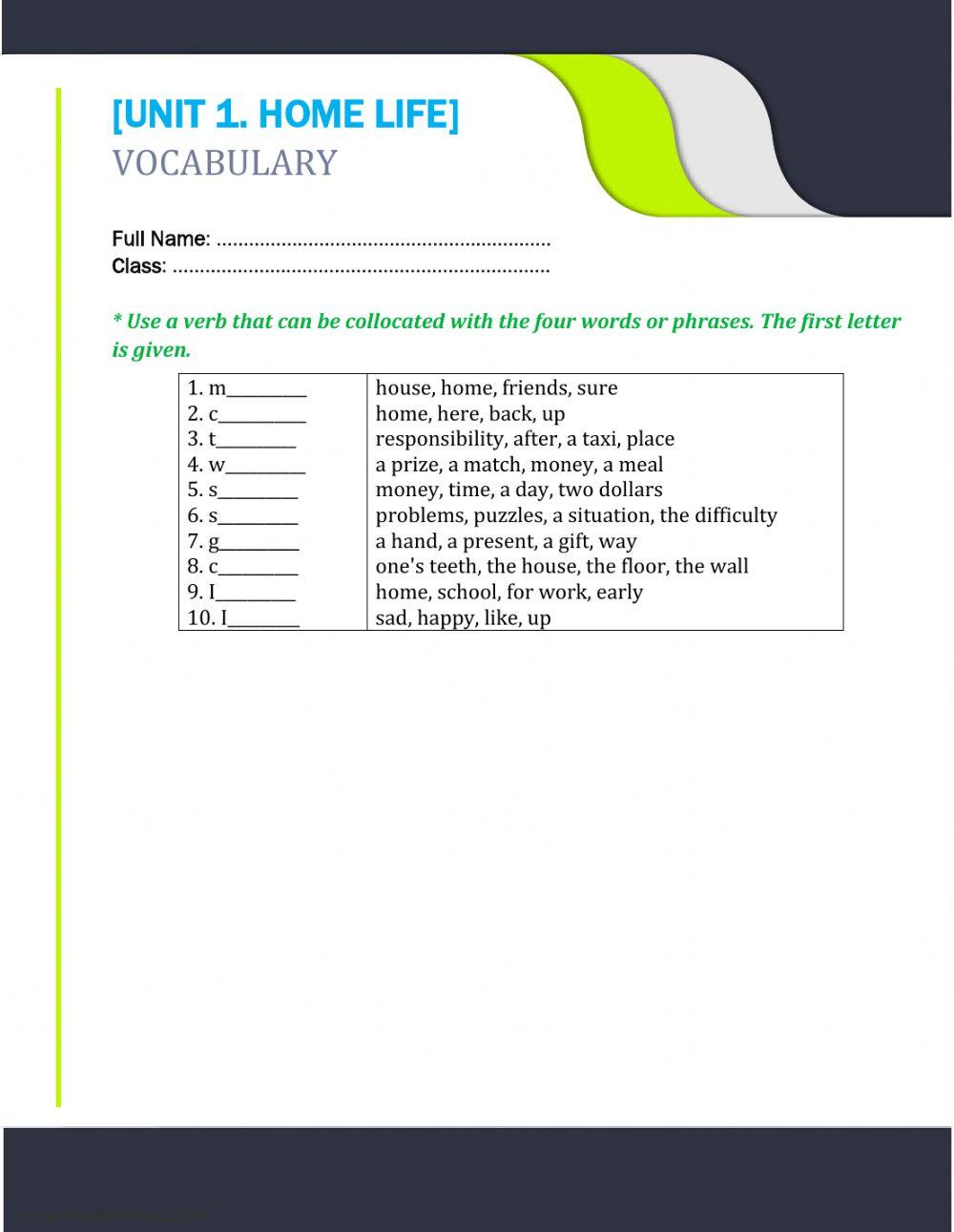 Unit 1. home life (collocations)