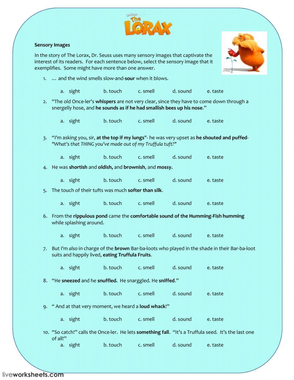 The Lorax Sens… Free Interactive Worksheets 46621