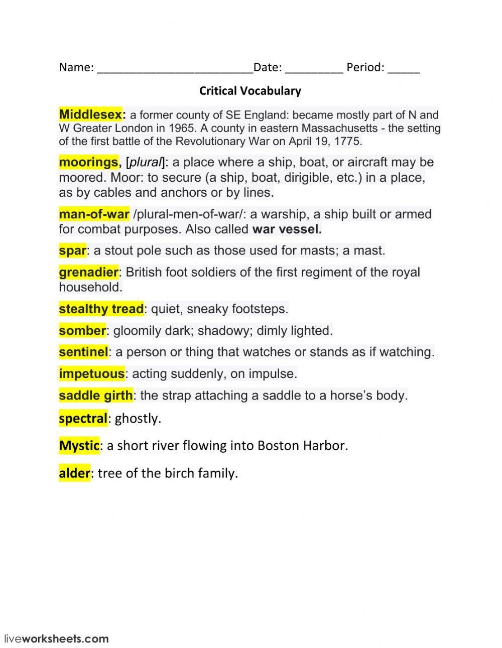 Critical Vocabulary - Paul Revere's Ride