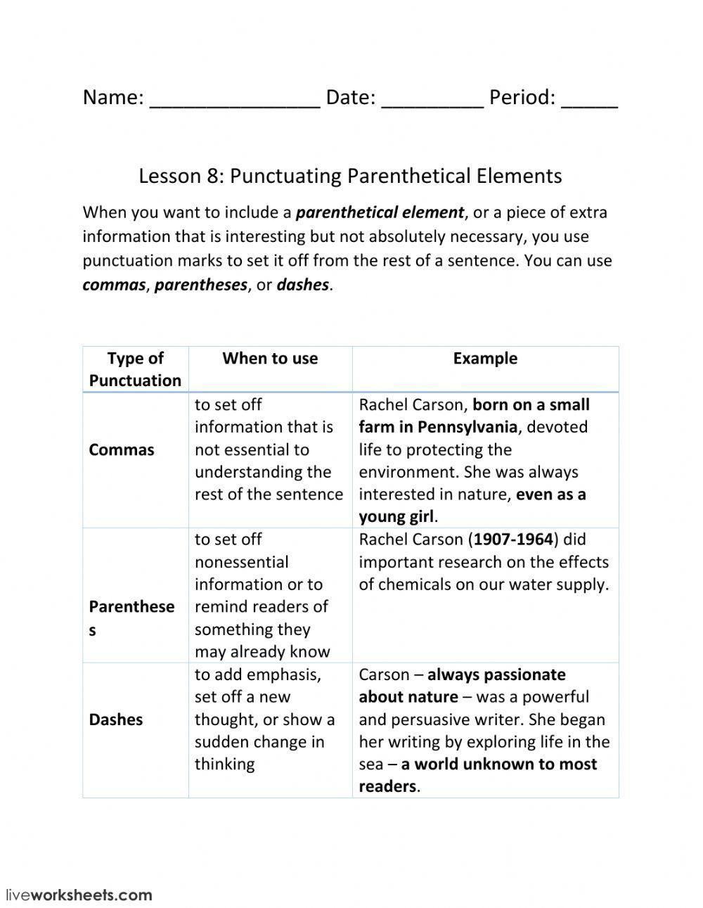 Lesson 8: Punctuating Parenthetical Elements