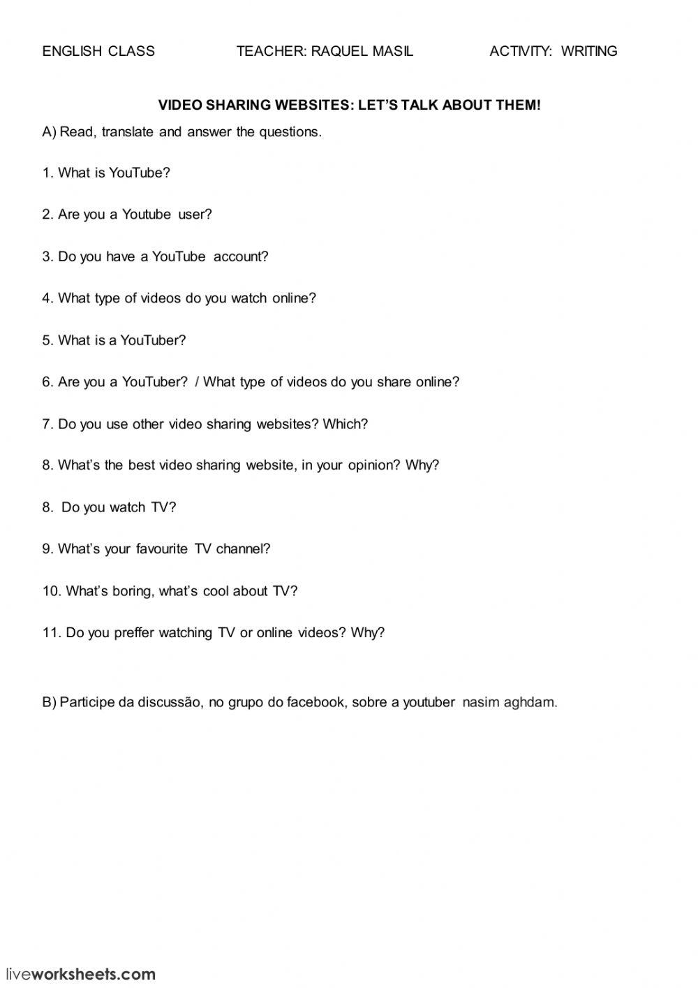 Writing activity: Video sharing websites