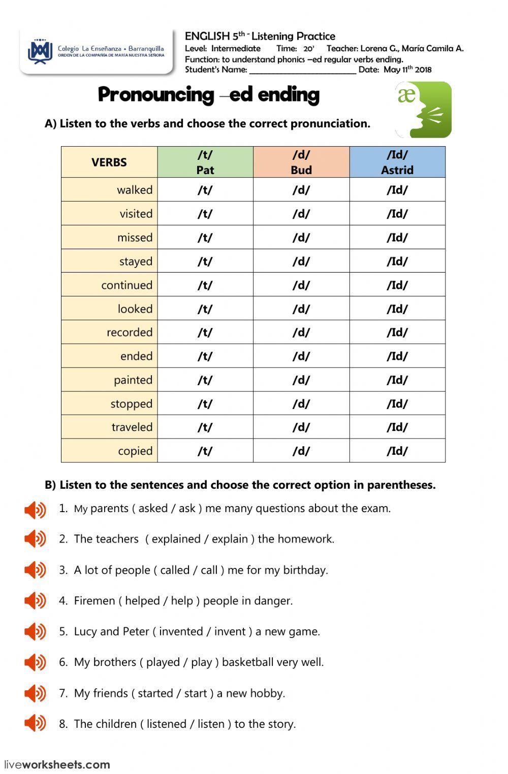 Pronunciation regular verbs -ed ending