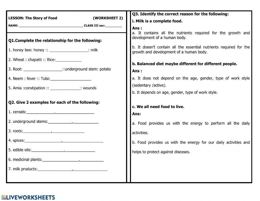 The story of food worksheet 2