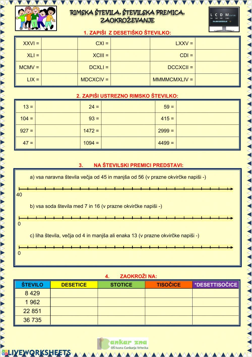 Rimska števila, zaokrožanje, številsk trak