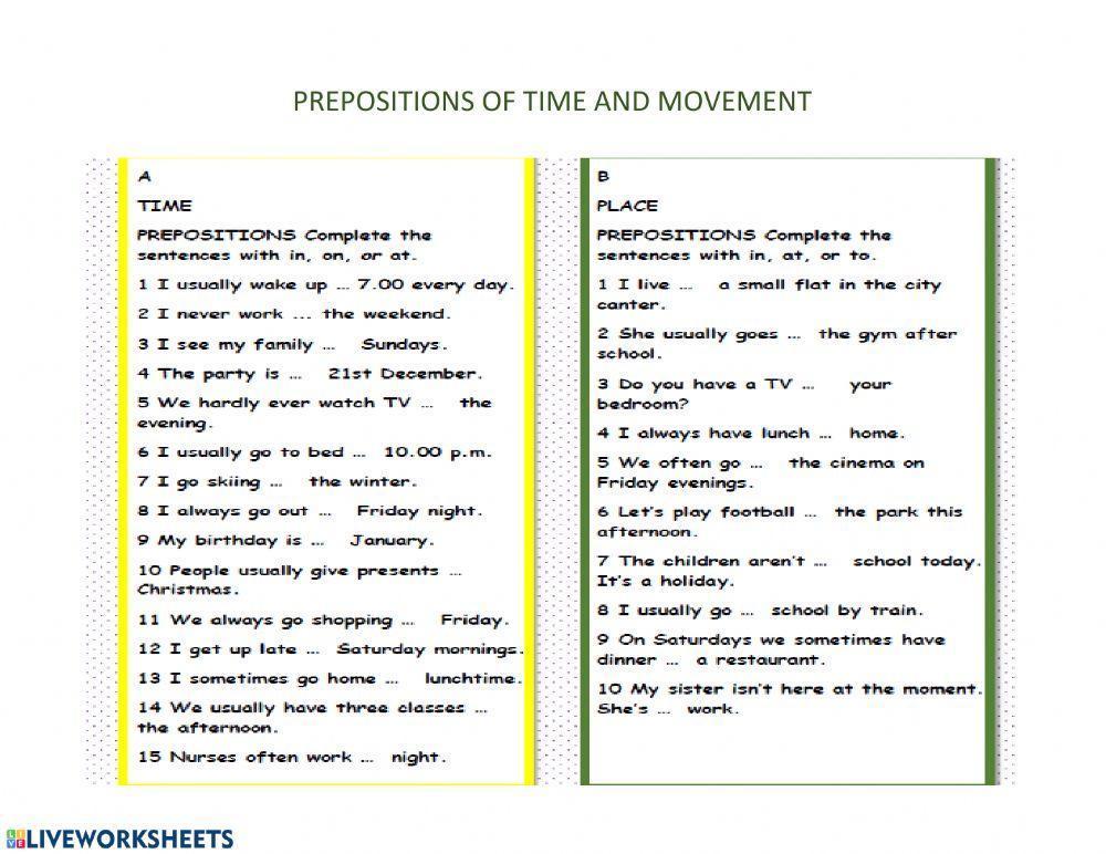 prepositions of time and movement at in on to