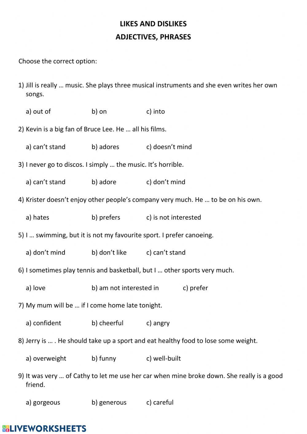 TEST - likes and dislikes, adjectives