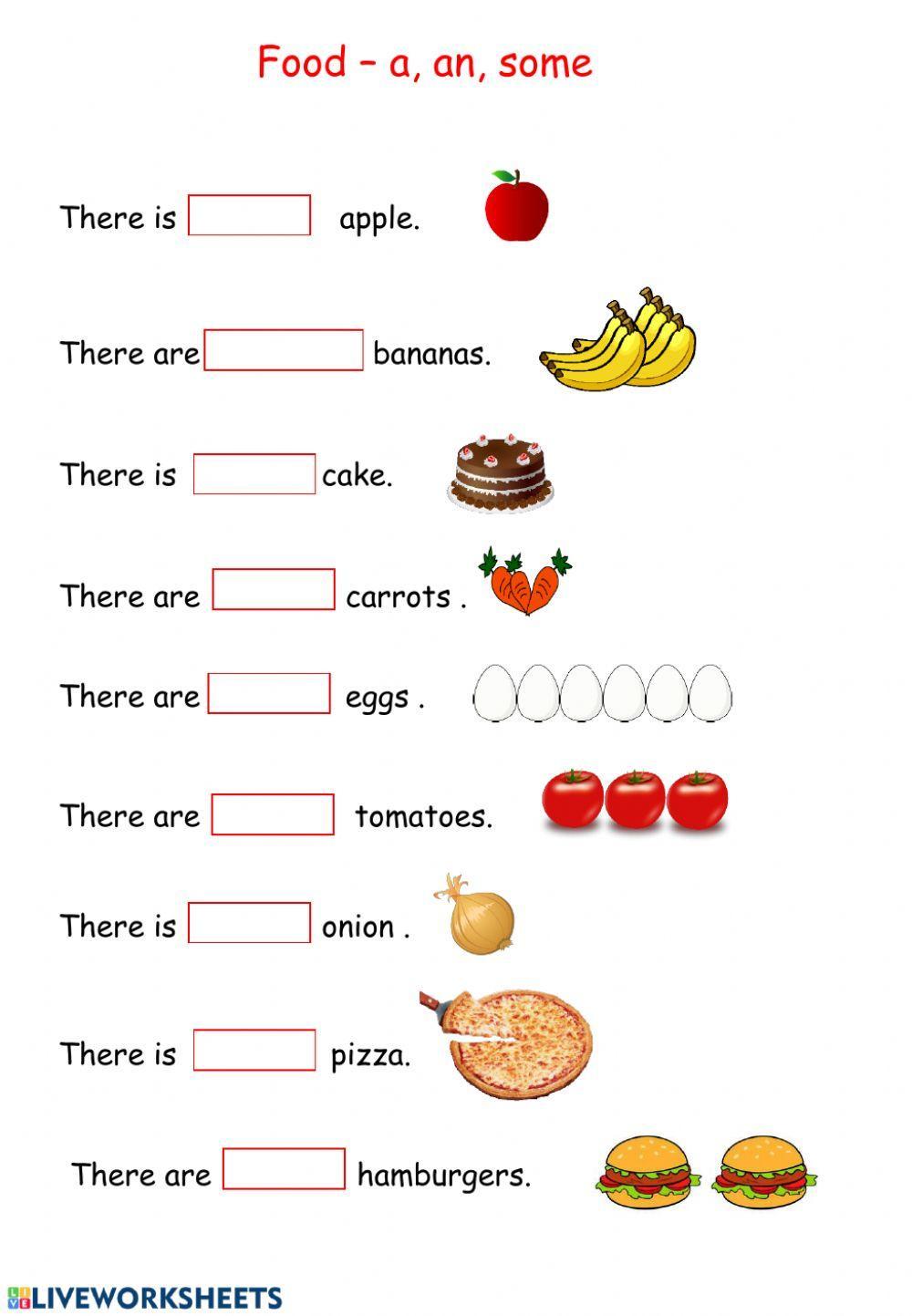 4 write a an or some. Артикль a an some Worksheets for Kids. Food Worksheets for children грамматика. Food Worksheet английский для детей. Food на английском для малышей.