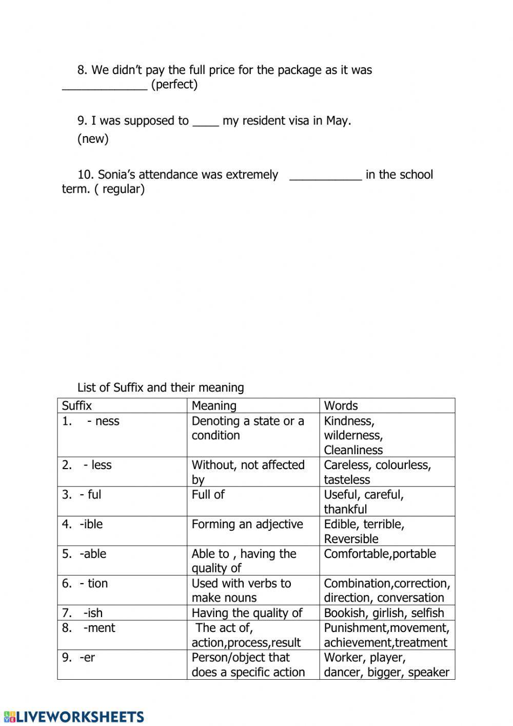 Prefix& Suffix Worksheet Live Worksheets