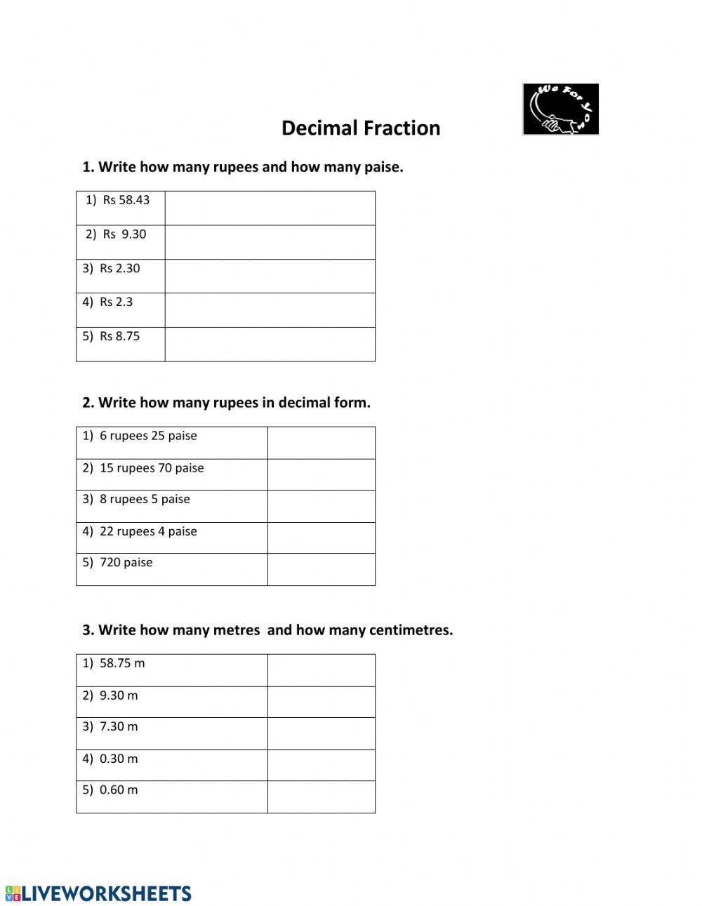 Decimal fraction interactive worksheet | Live Worksheets