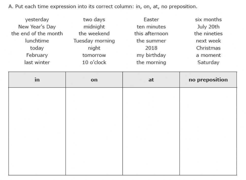 Prepositions of time IN ON AT