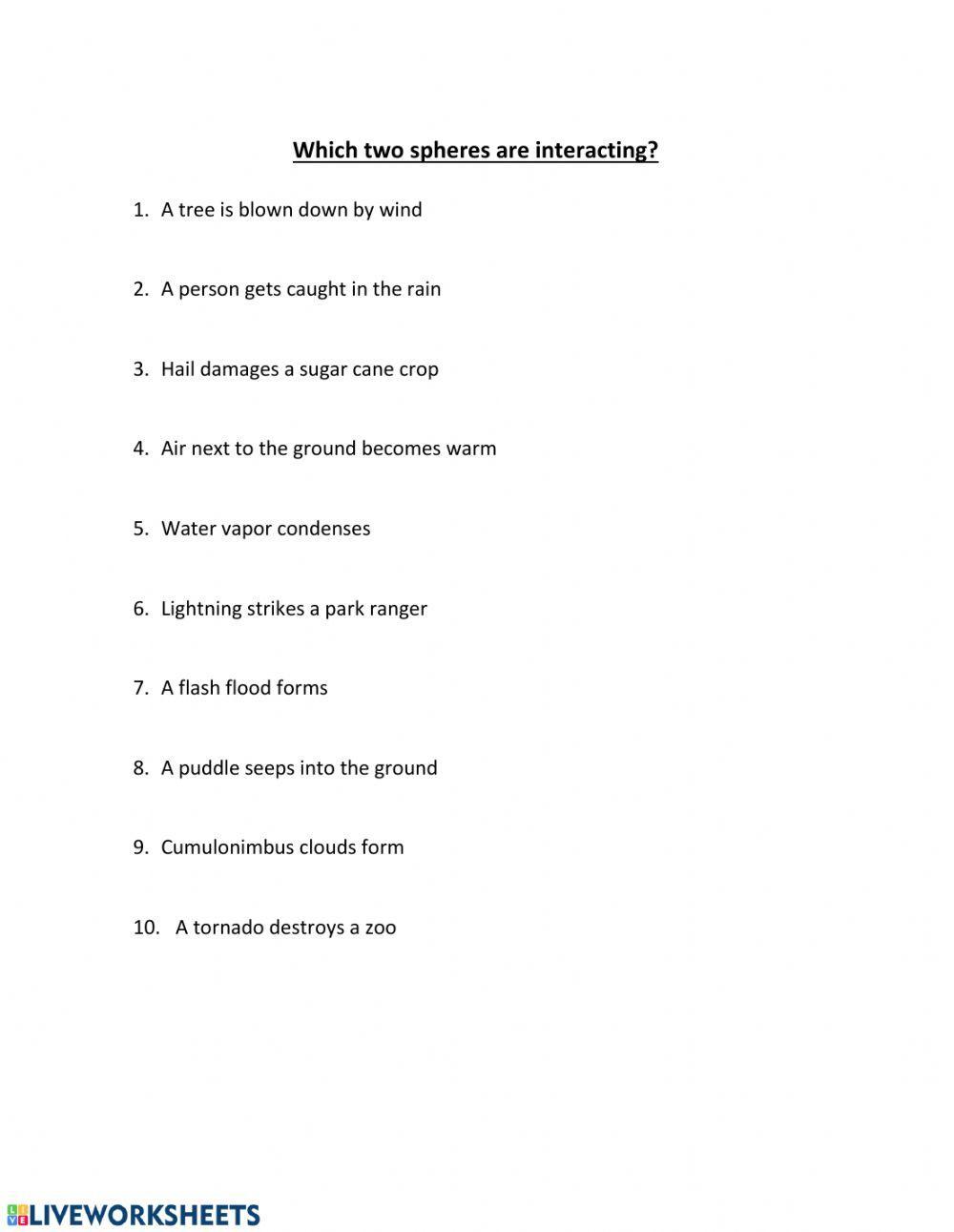 Earth's Spheres Interactions Worksheet