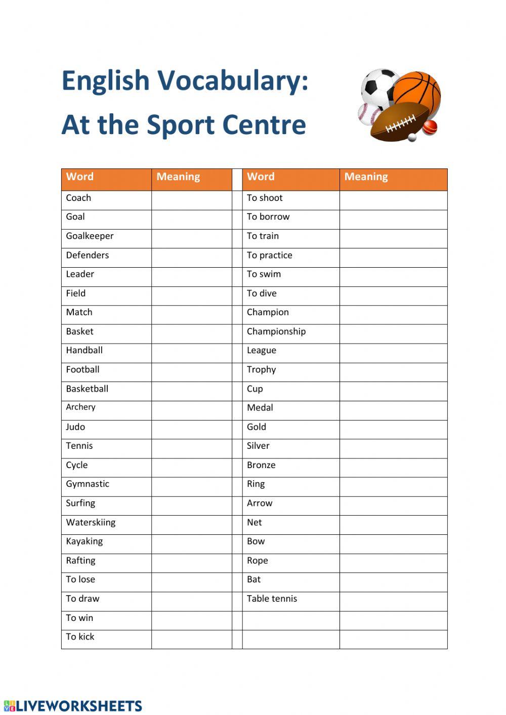English Vocabulary: at the Sport Centre