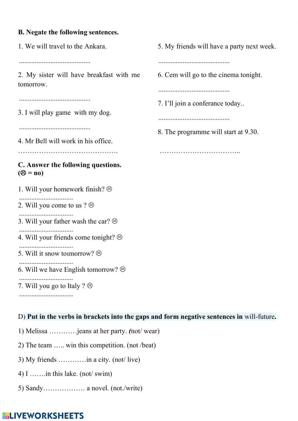 Negative sentences in Simple Future Tense