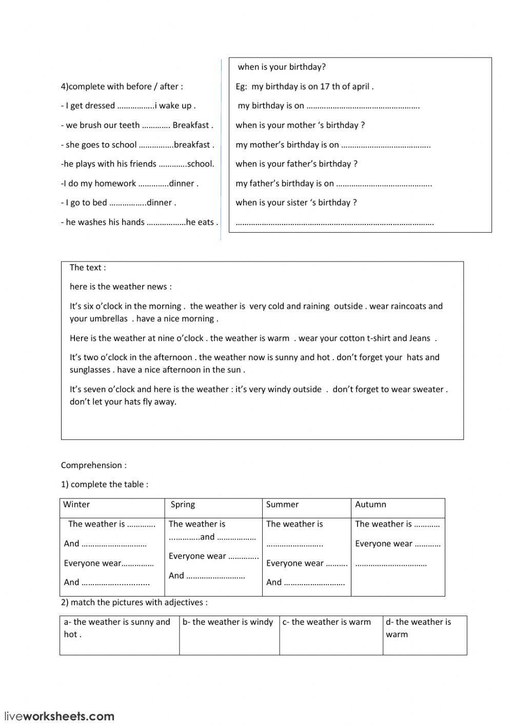 Seasons Months Days of week