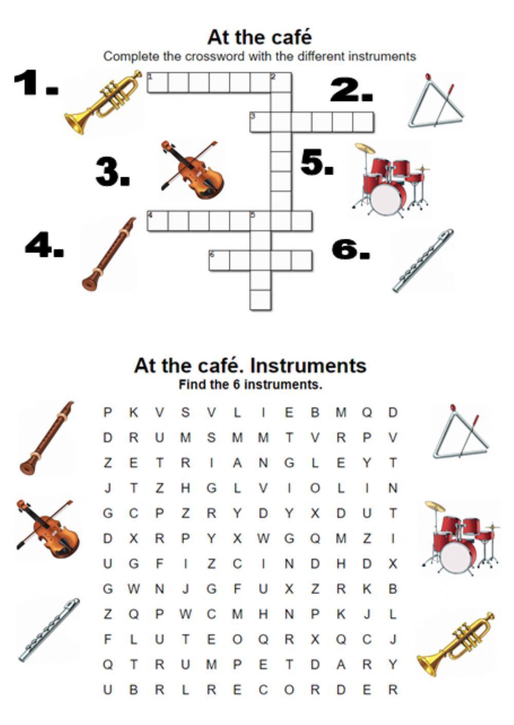 At the café. Instrument. Crossword