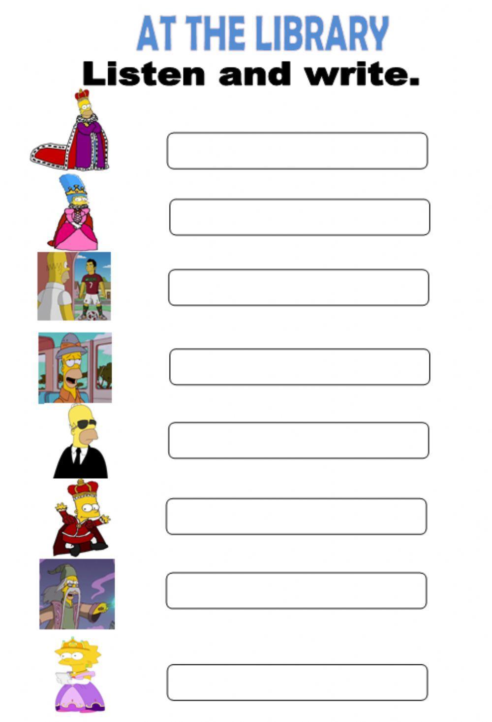 At the library. Listen and write.