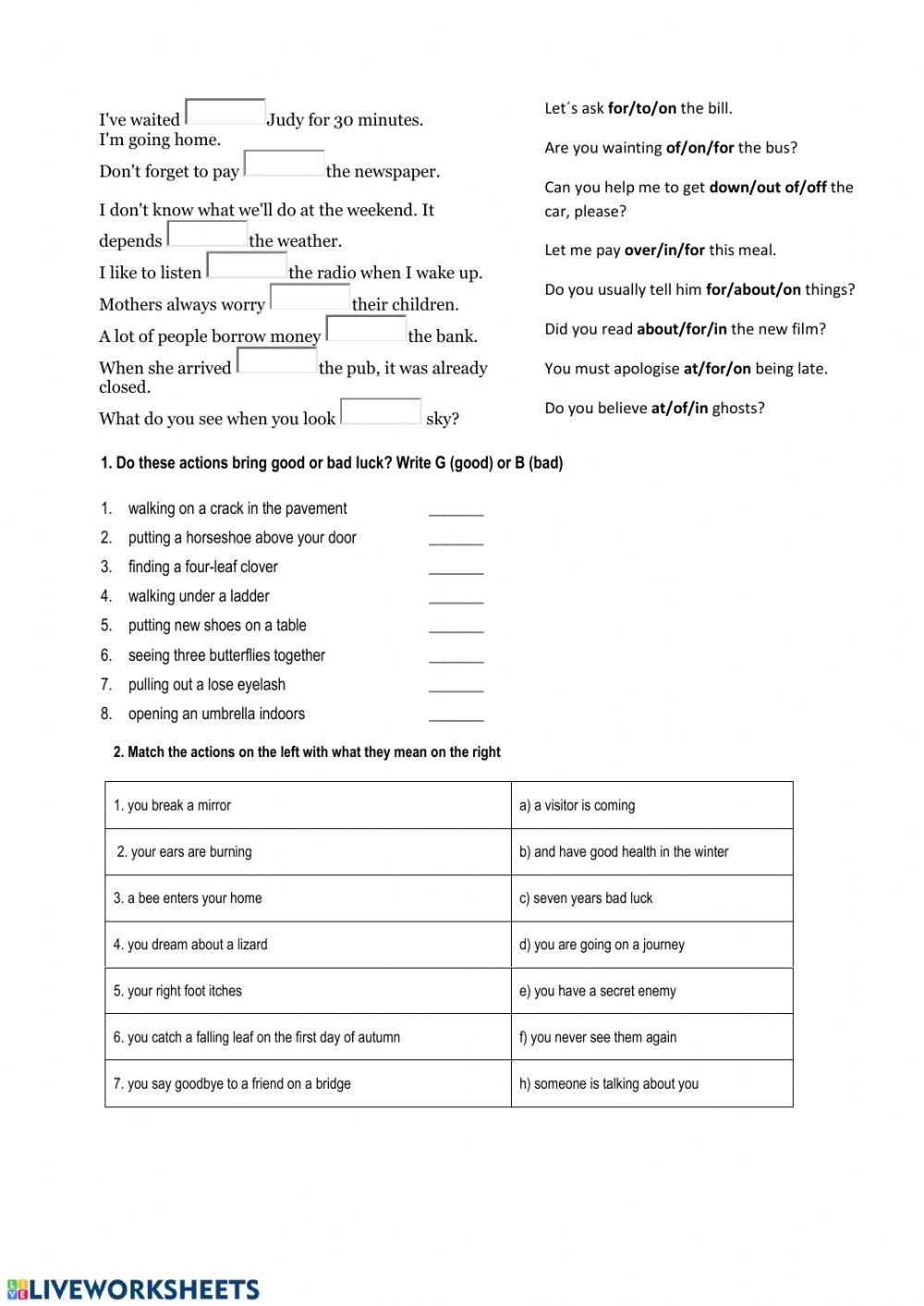 Prepostions and common verbs, superstitions