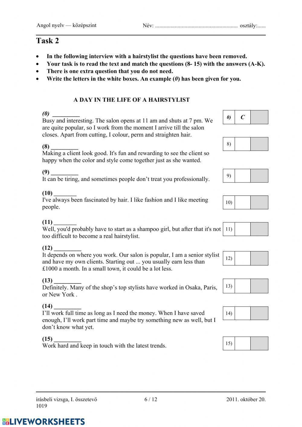 Matura exam, Oct 2011