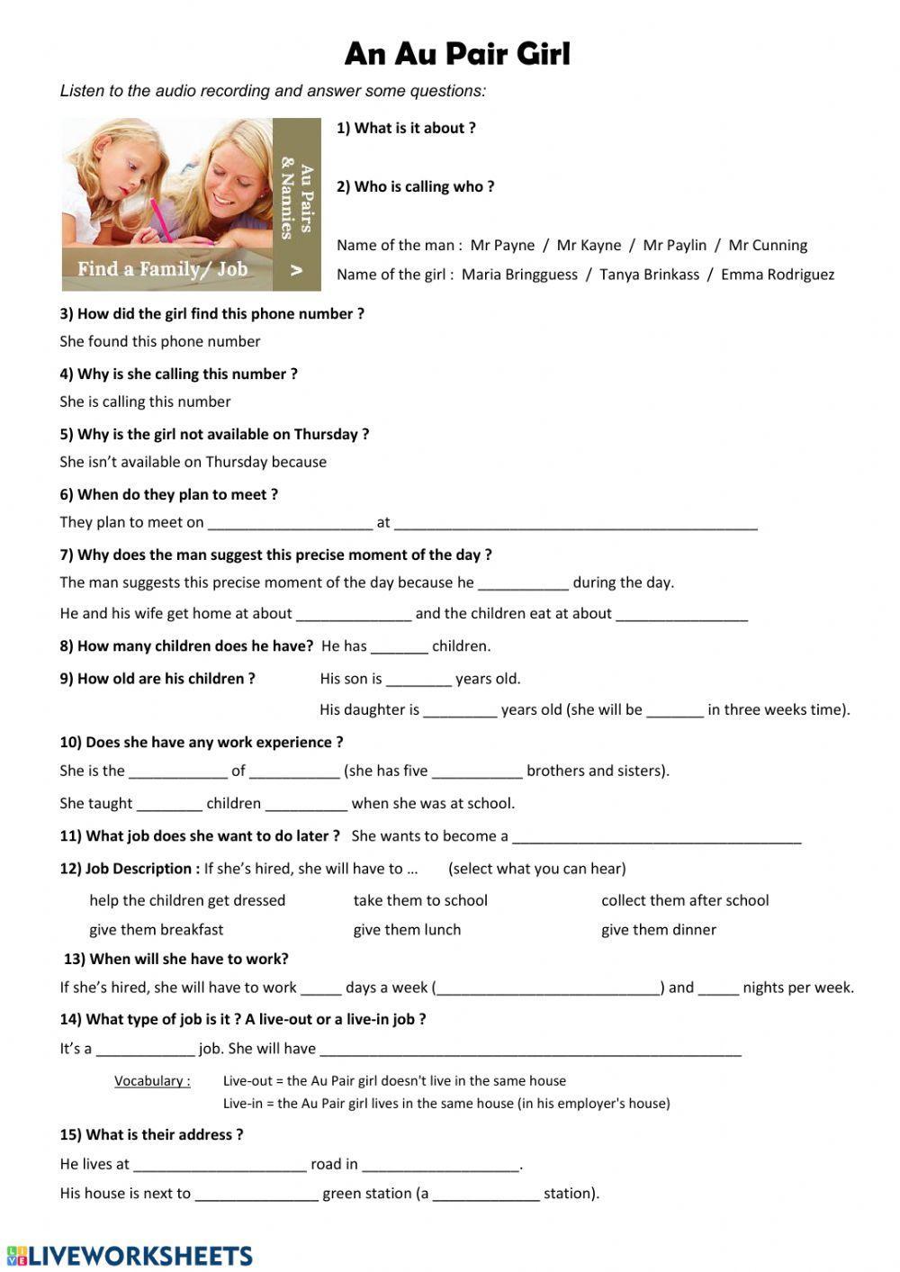 ESL for au pairs worksheets