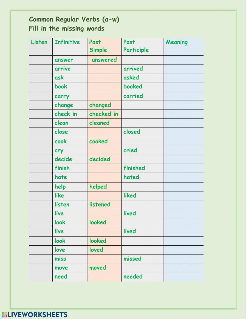 Common Regular Verbs
