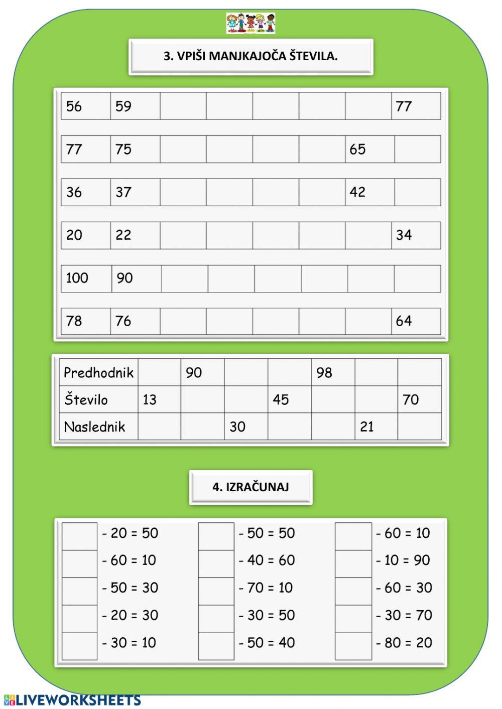 Zaporedja do 100, računanje