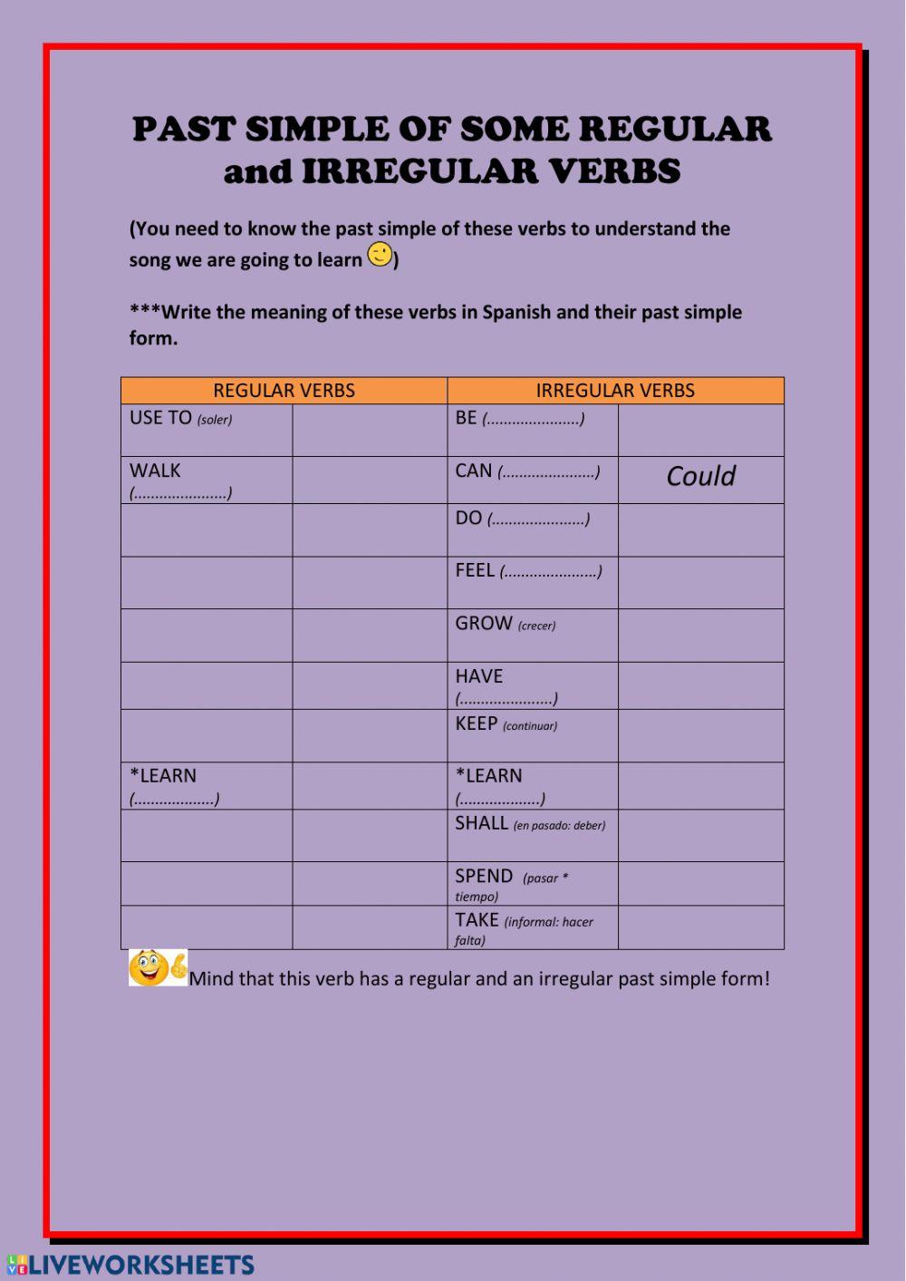Past simple of some regular and irregular verbs