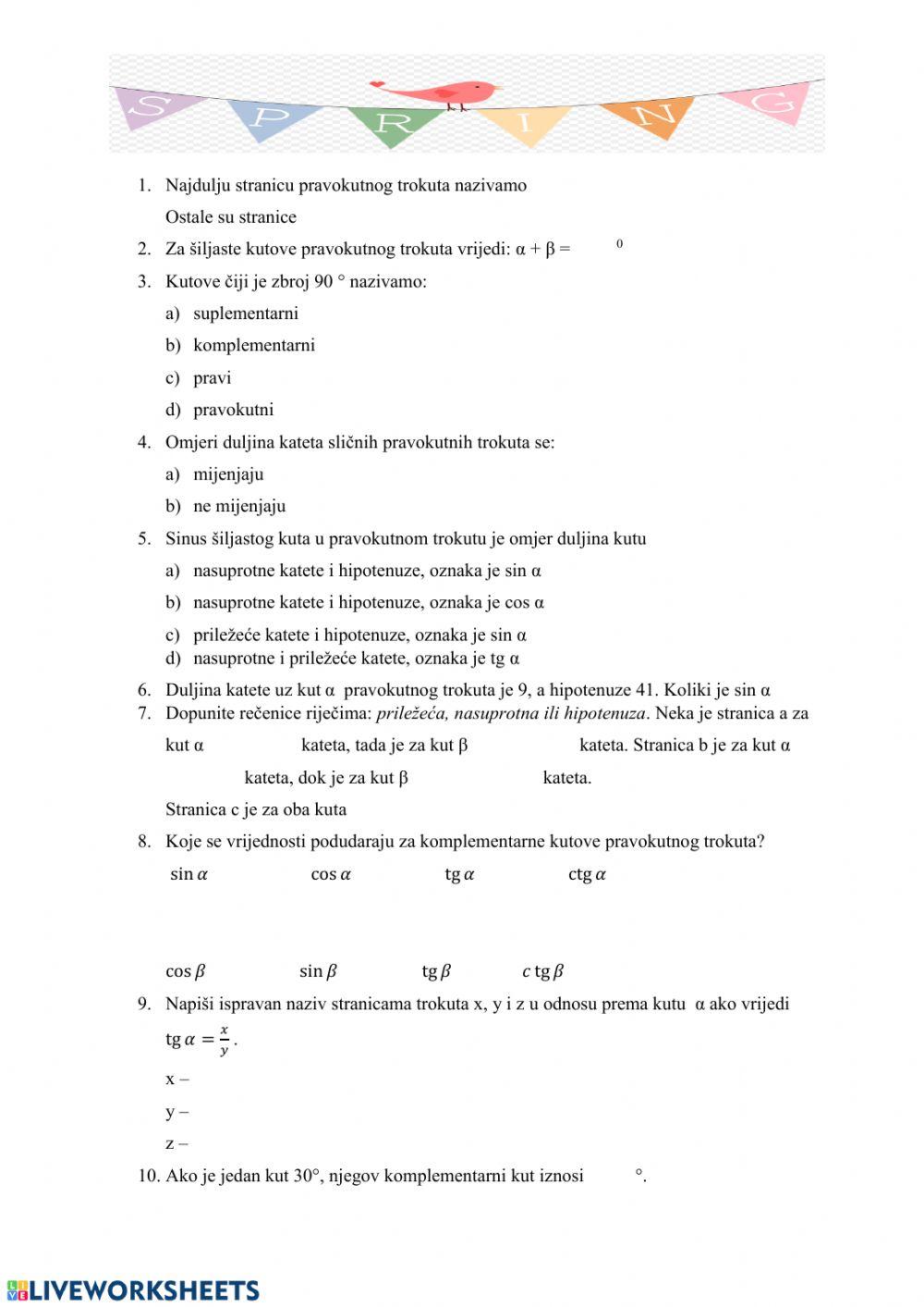 Definicija trigonometrijskih funkcija šiljastog kuta